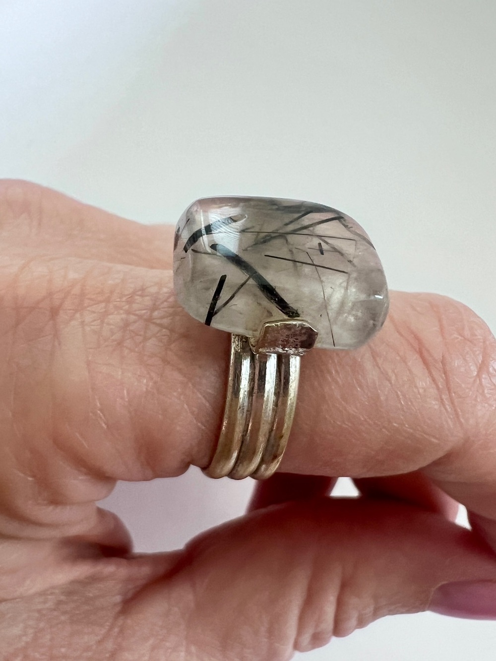 Black Rutile Quartz Statement Ring Silver-Plated Boho Vintage-Style Size 7